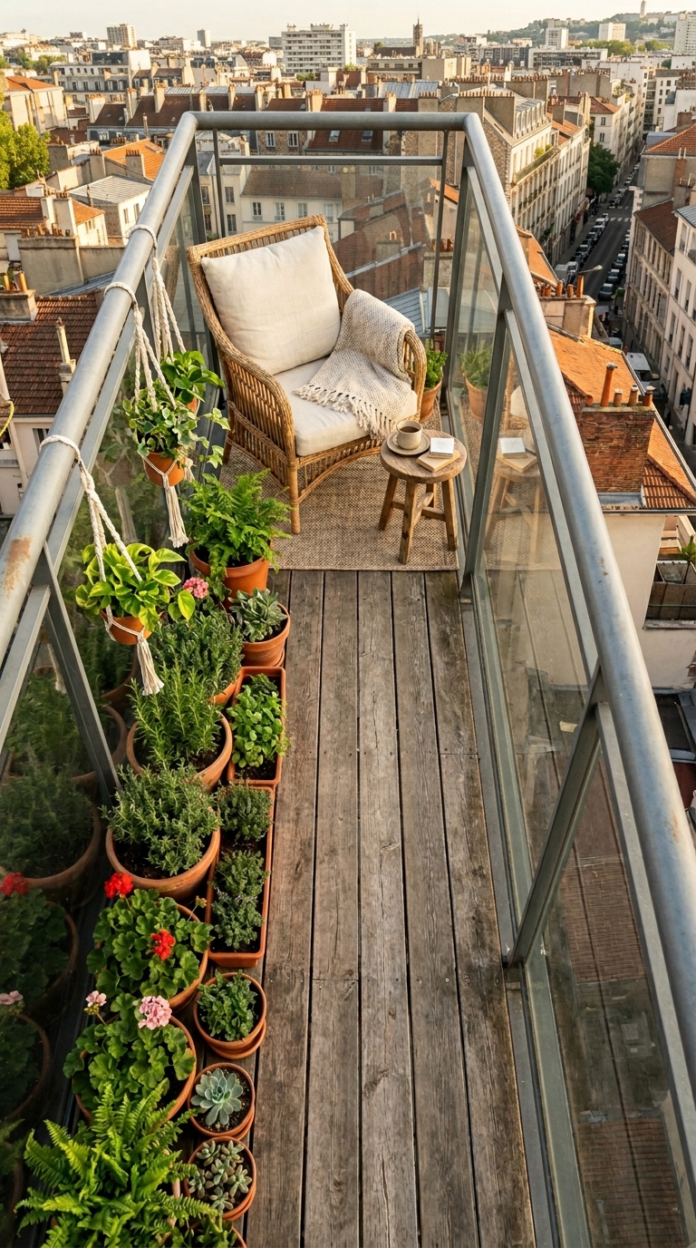 Overhead view of a narrow balcony with three clearly defined zones