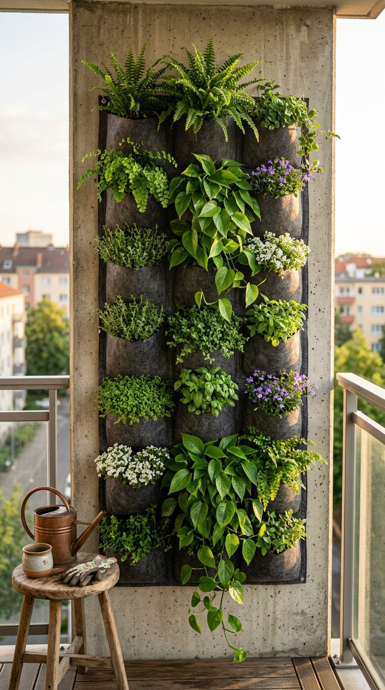 Balcony side wall with a modular felt pocket planter system creating a green wall