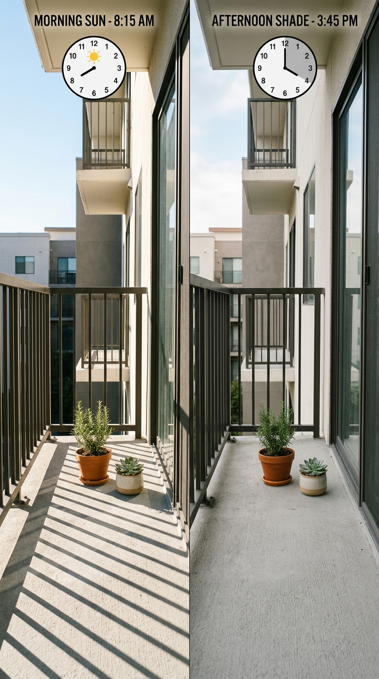 Split-image showing the same balcony in morning sun and afternoon shade