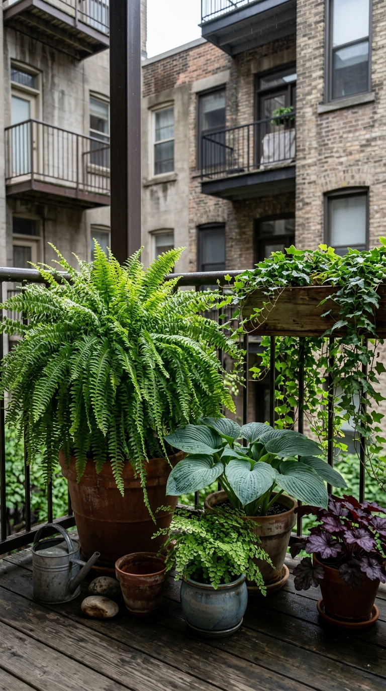Shaded balcony transformed into a woodland garden with ferns and hostas