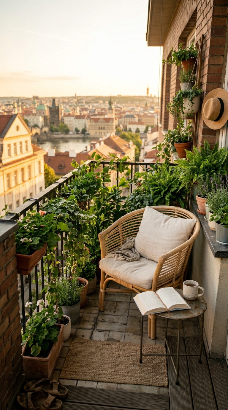 Narrow balcony with a single rattan chair as the only furniture