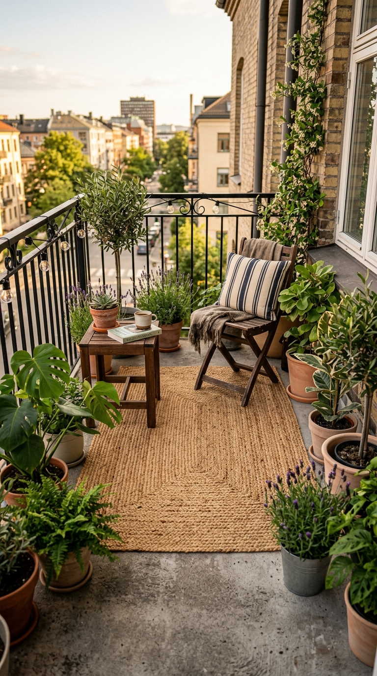 Small outdoor rug defining the sitting area on a concrete balcony