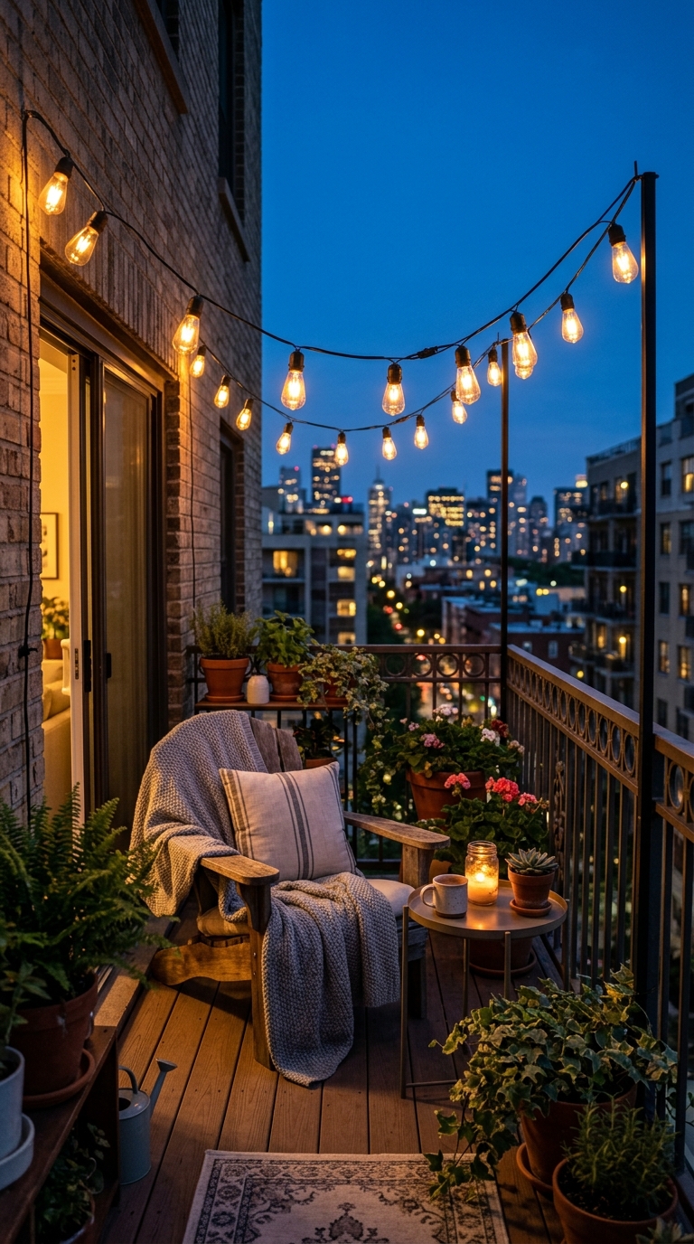 Apartment balcony at dusk with warm string lights creating an evening atmosphere