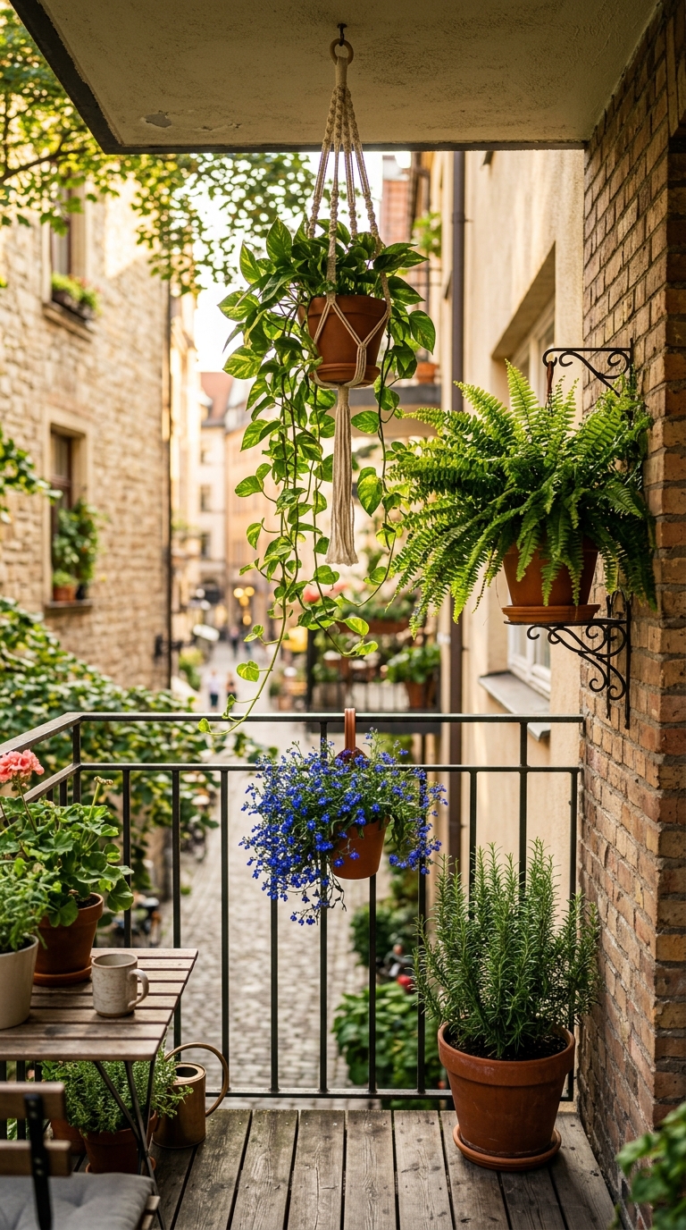 Hanging pots at four different heights creating a layered vertical garden
