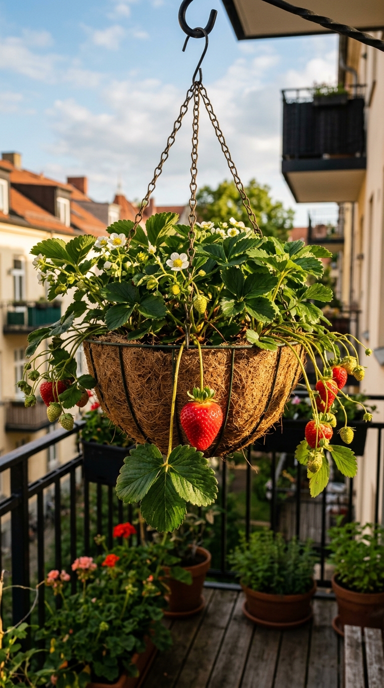 Hanging basket with strawberry plants trailing red fruit