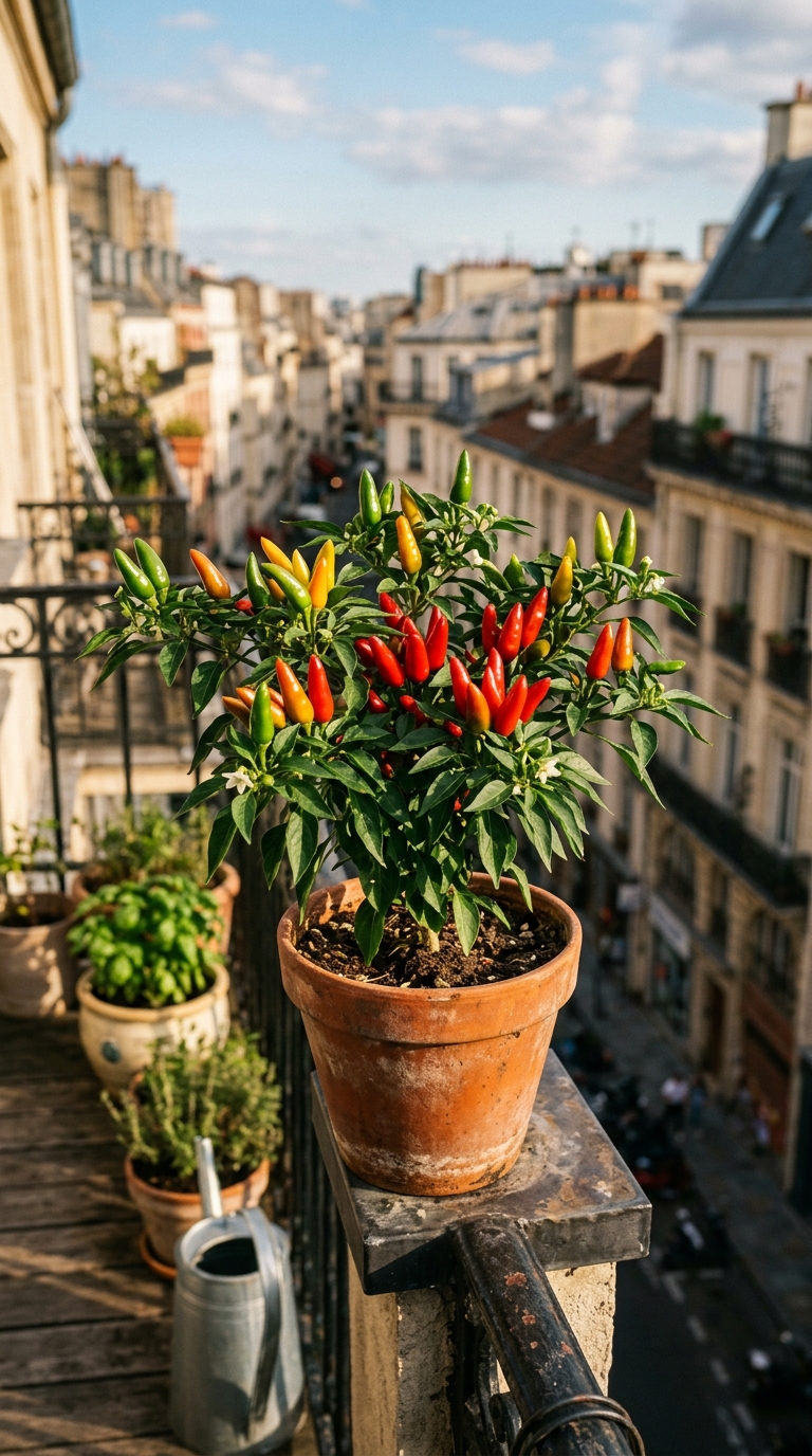 Chili plant in a terracotta pot with peppers in various stages of ripeness