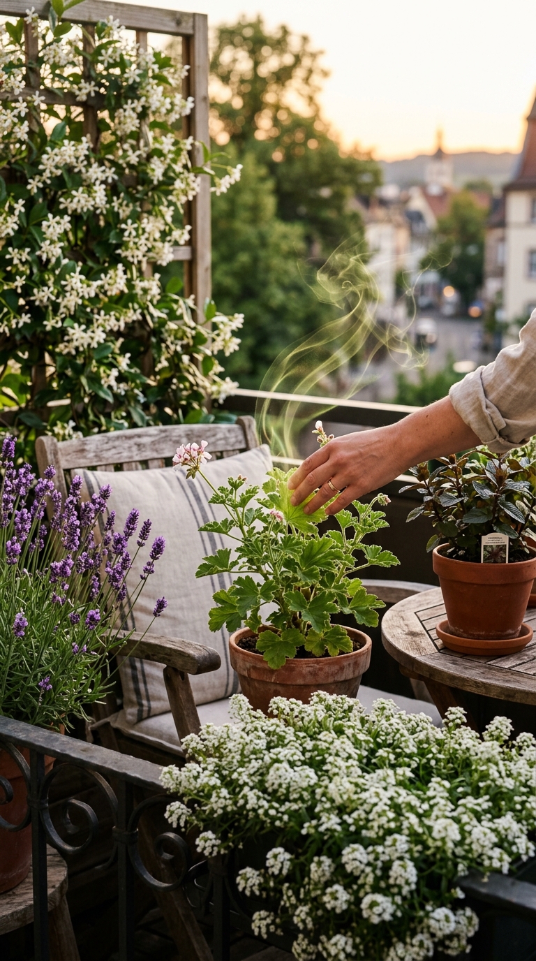 Balcony seating area surrounded by fragrant lavender, jasmine, and mint