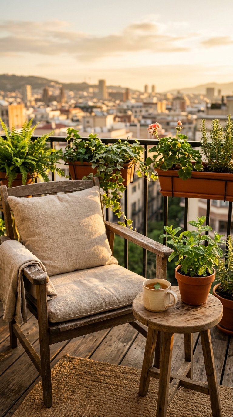 East-facing balcony with a chair, coffee mug, and pot of mint for morning ritual