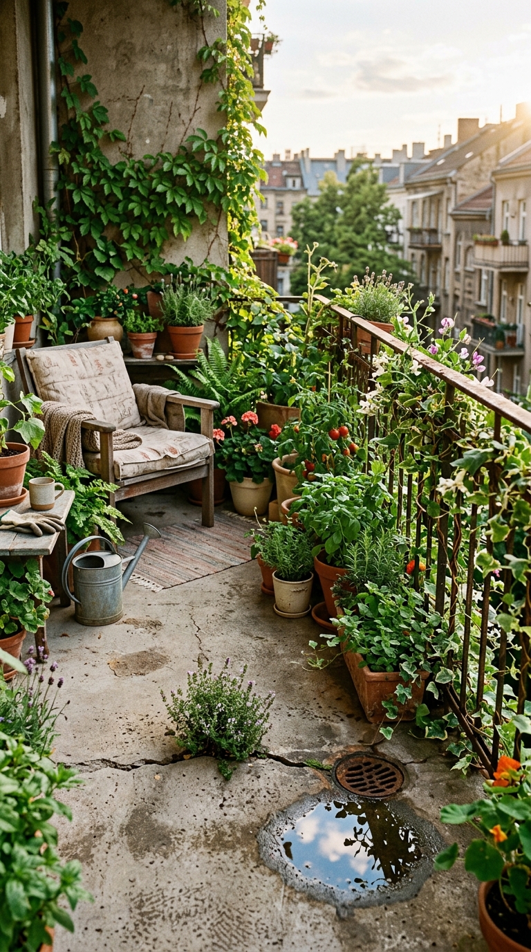 Slightly imperfect balcony with plants growing through cracks and over rusted railing
