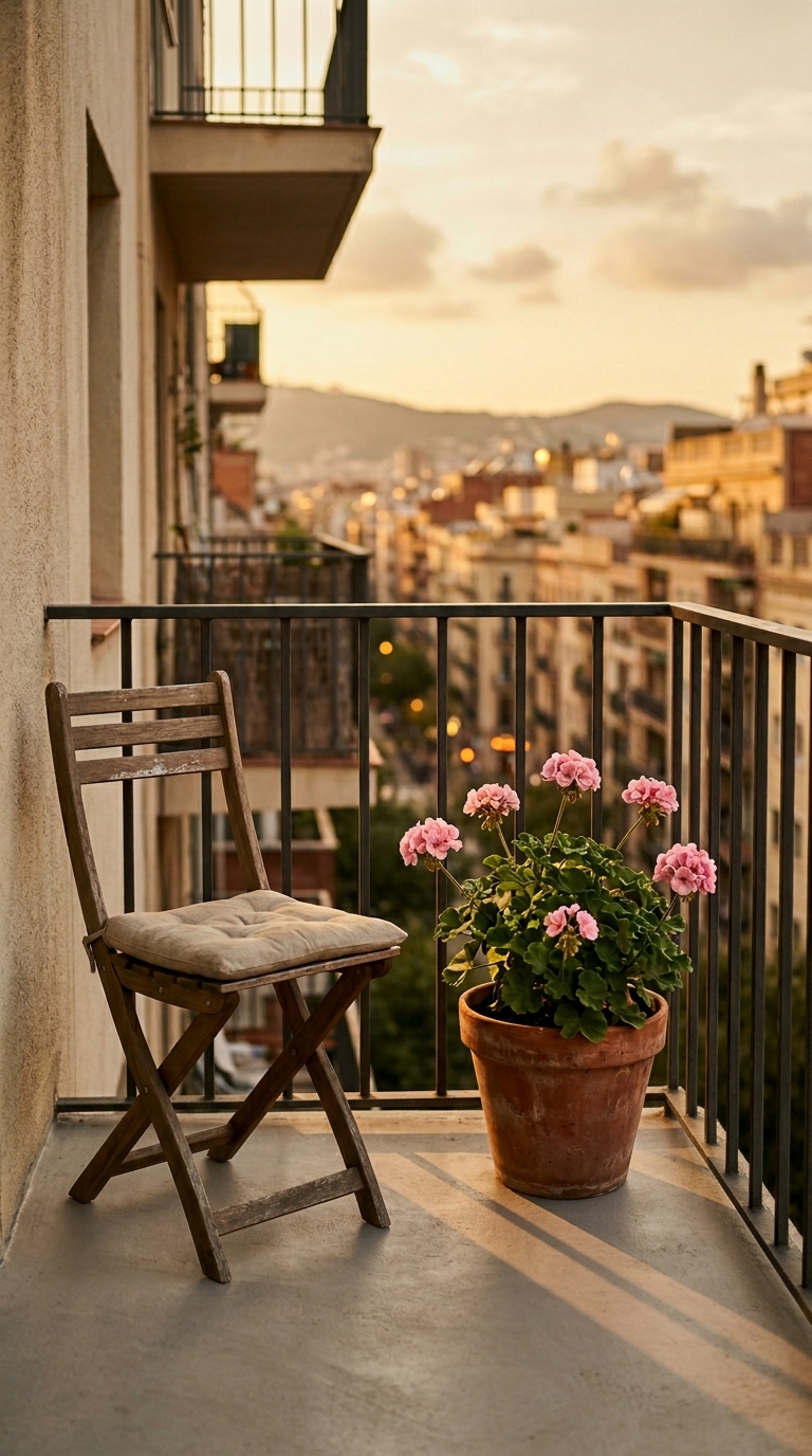 Simple balcony with just one geranium pot and one folding chair at golden hour