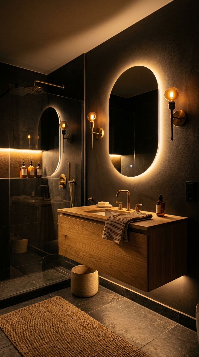 Windowless bathroom in warm charcoal — backlit mirror, sconces, niche LED, under-vanity glow