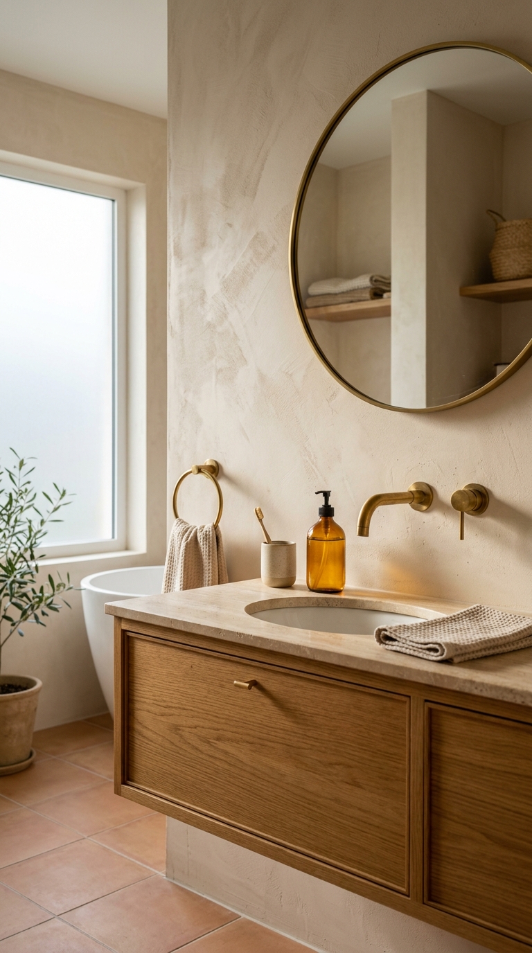 Bathroom with natural linen wall colour — pink undertone making skin look warm in the mirror