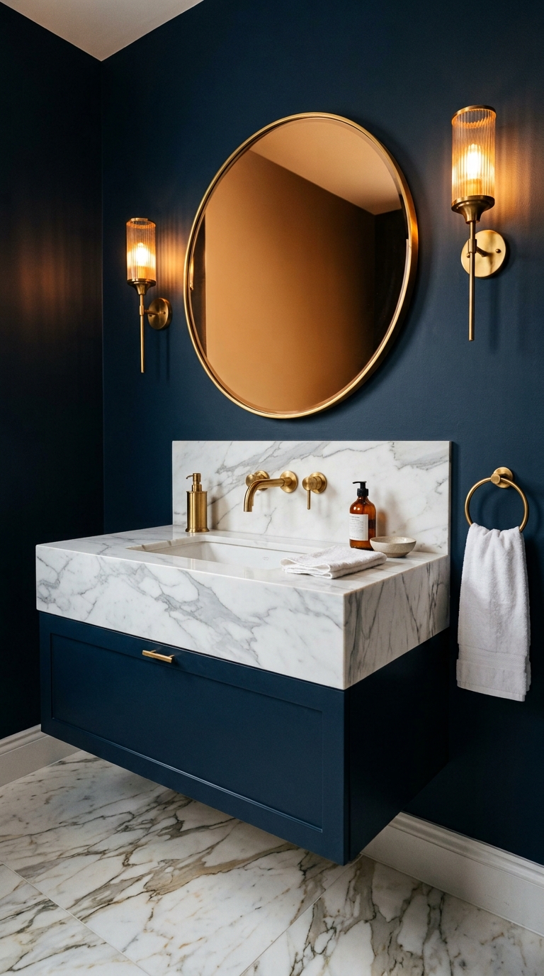 Navy accent wall + white Calacatta marble + brass — jewel-box bathroom at maximum contrast