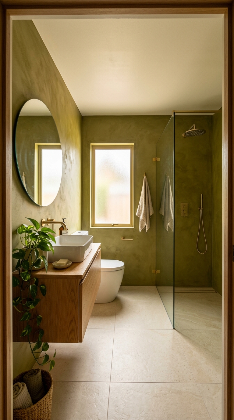 Small bathroom in warm olive on all four walls — greenhouse quality, garden-room warmth