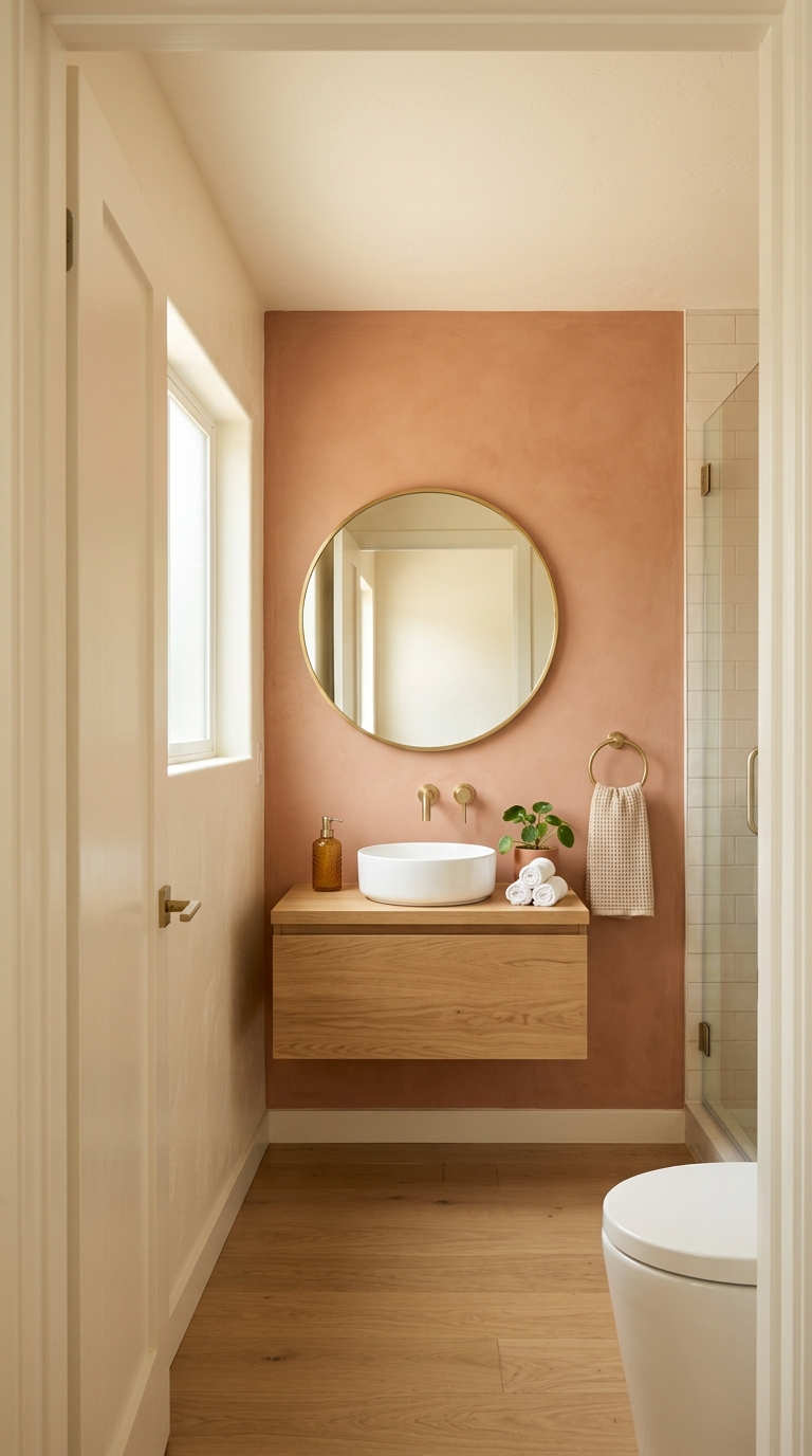 Small bathroom — three cream walls + one terracotta accent — spacious and warm simultaneously