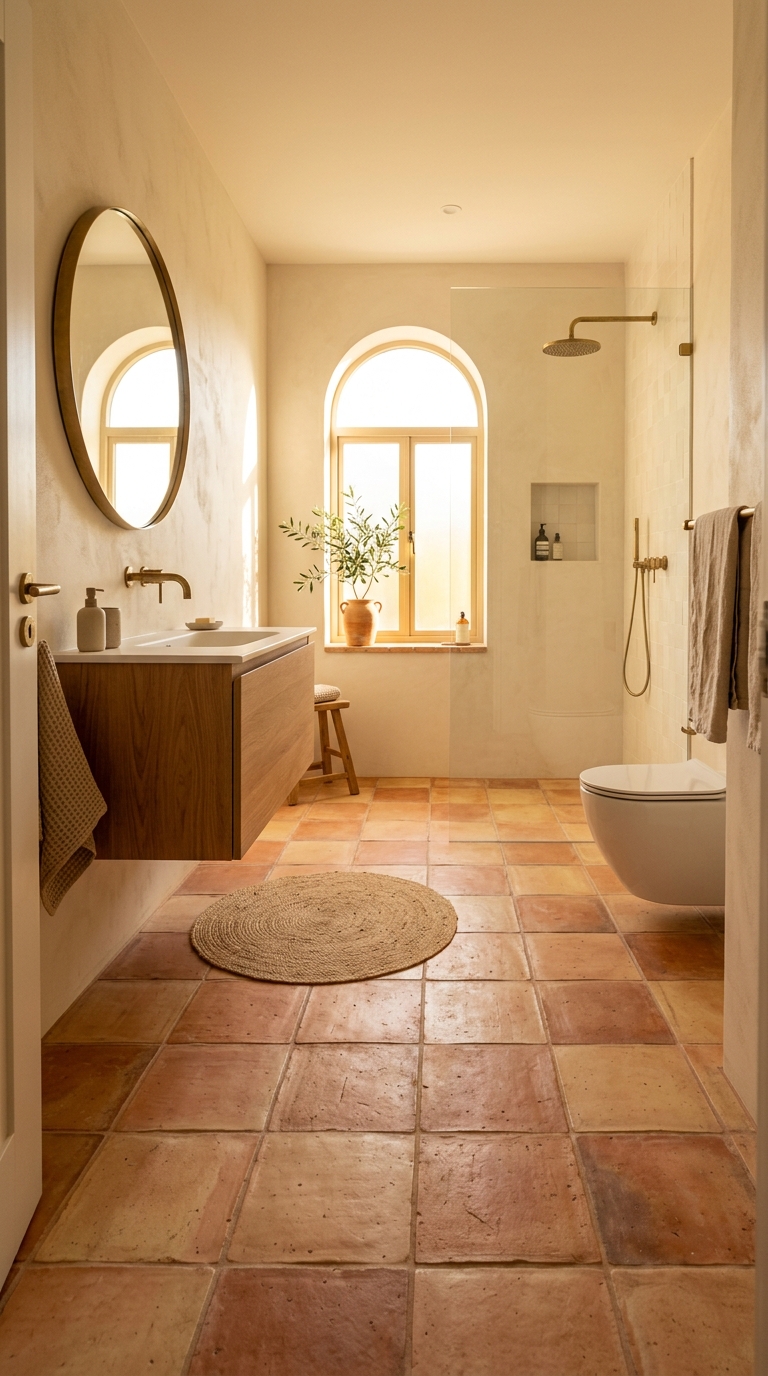 Terracotta floor tiles with natural colour variation — pale peach to warm rust, Mediterranean warmth