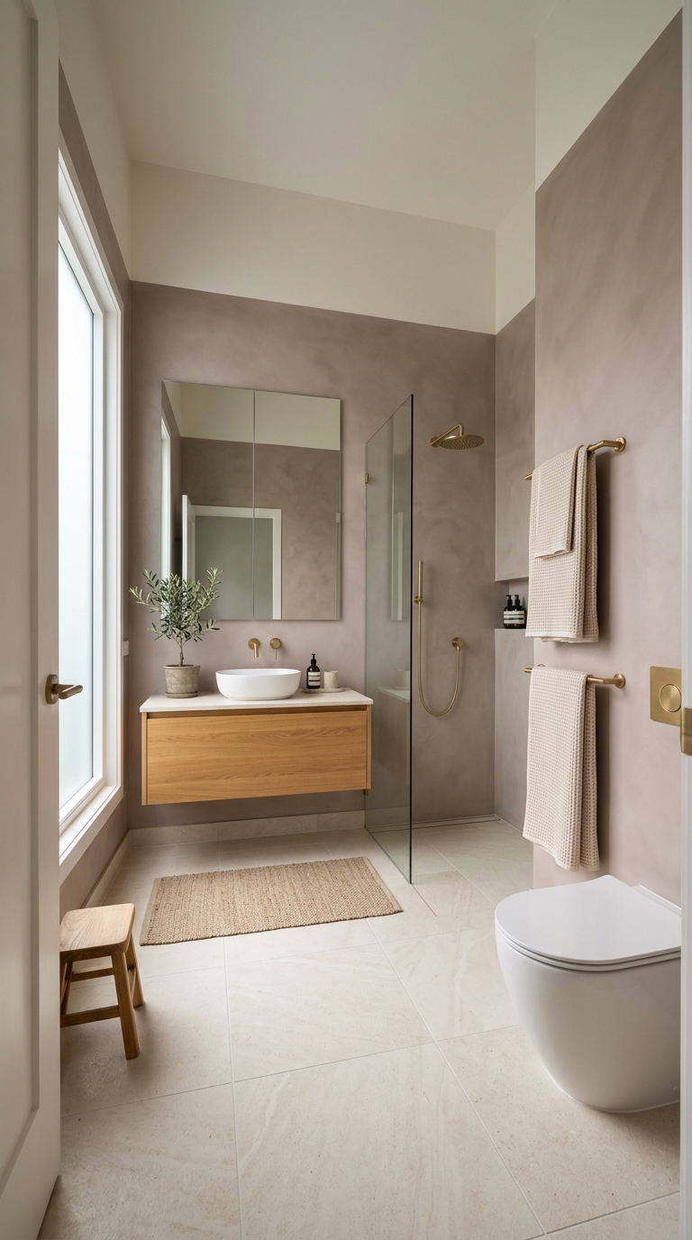 Bathroom in warm mushroom on all four walls — grey-pink-brown complexity shifting with light