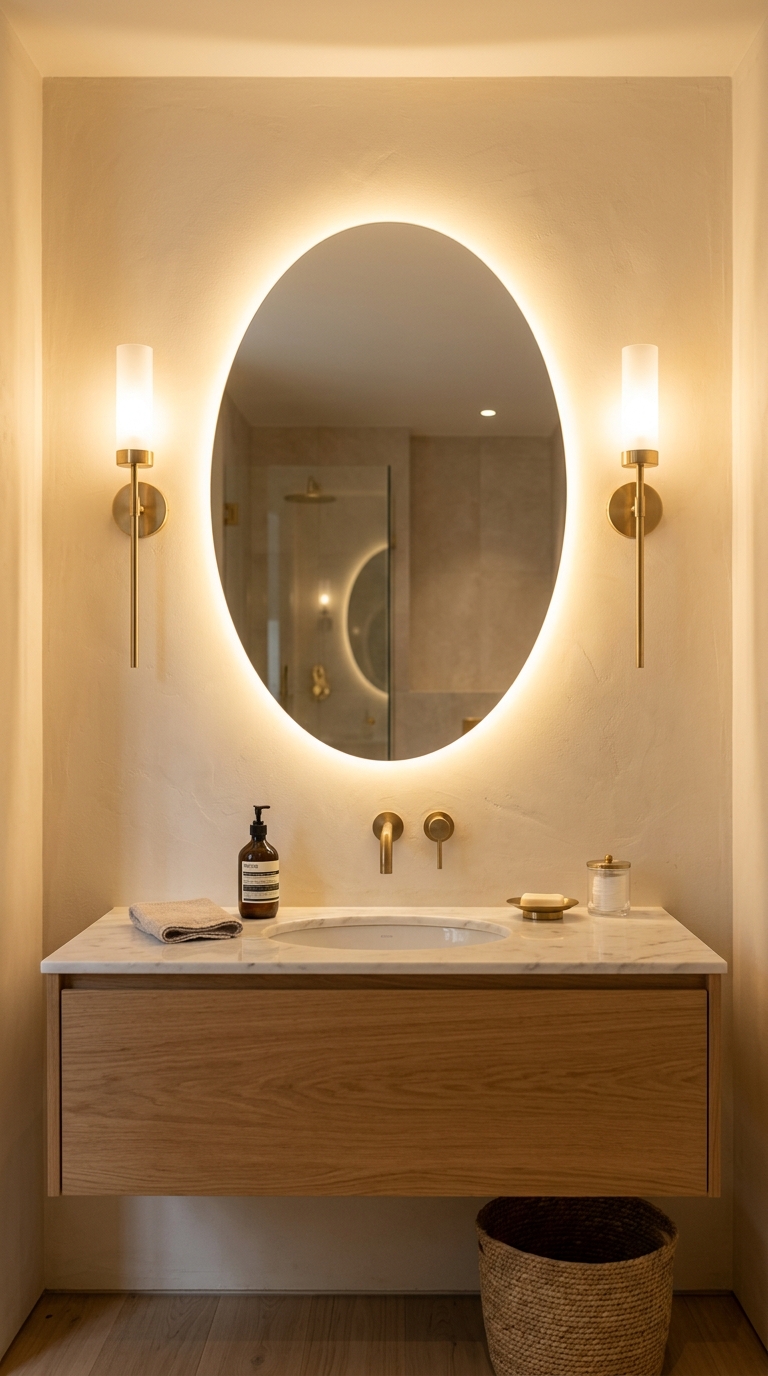 Split comparison — same backlit mirror at 2800K warm versus 4500K daylight for makeup