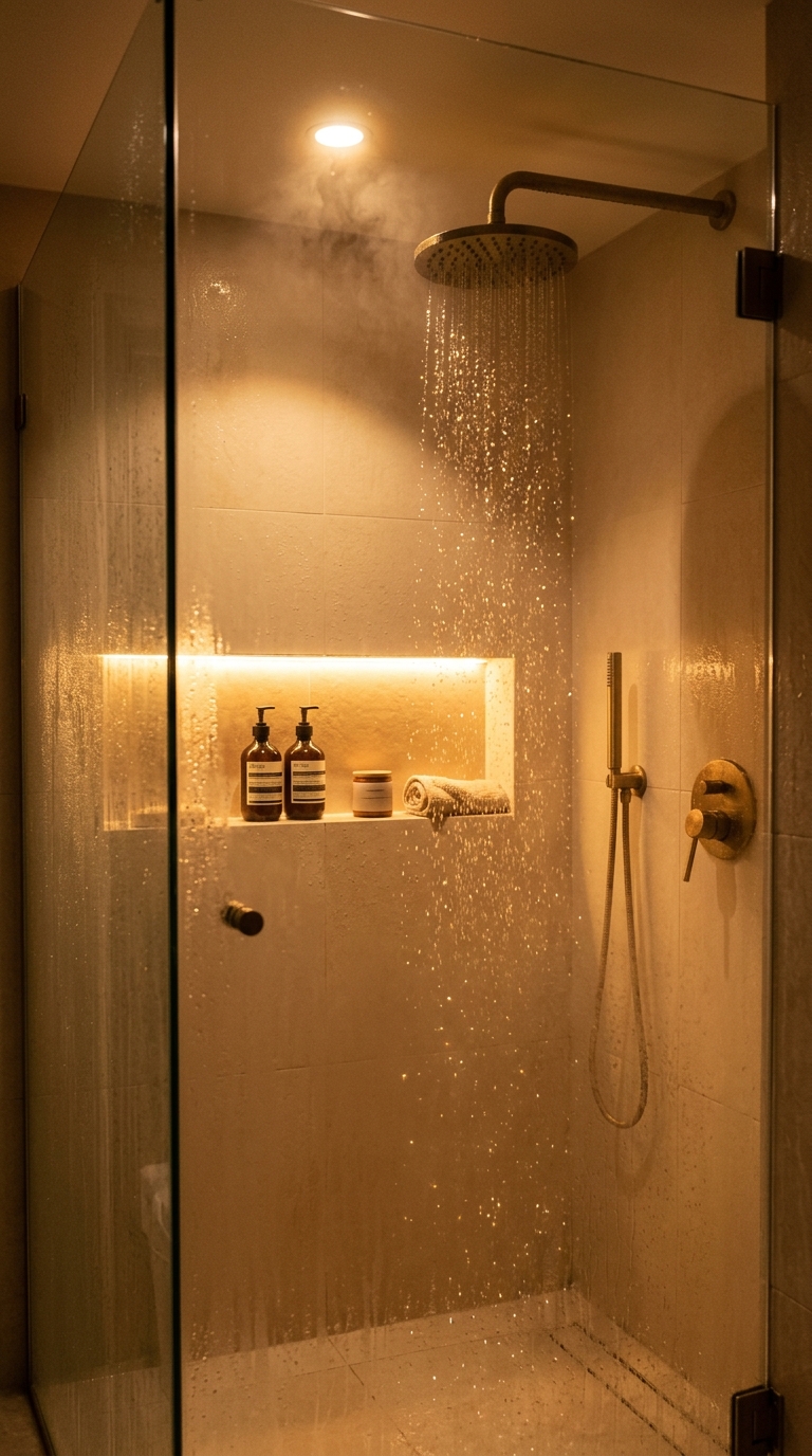 Split comparison — bright functional morning versus warm intimate evening in the same bathroom