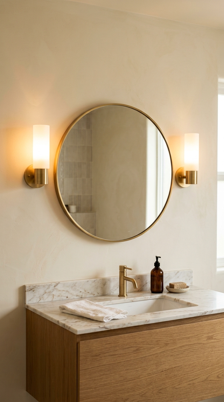 Seven warm light sources working in evening harmony — the most beautifully lit bathroom