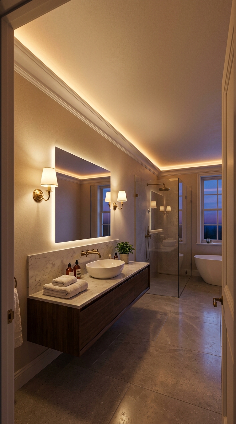 Shower niche with LED strip — travertine surface glowing amber under warm directional light