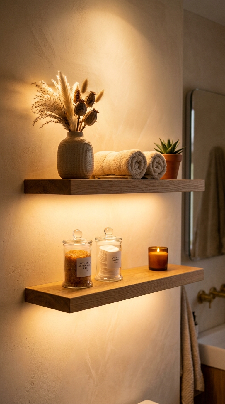 Smartphone controlling bathroom lighting — simple two-button scene selector