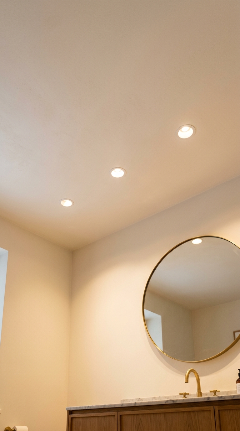 Three lighting layers visible — task sconces, ambient cove, accent niche and under-vanity glow