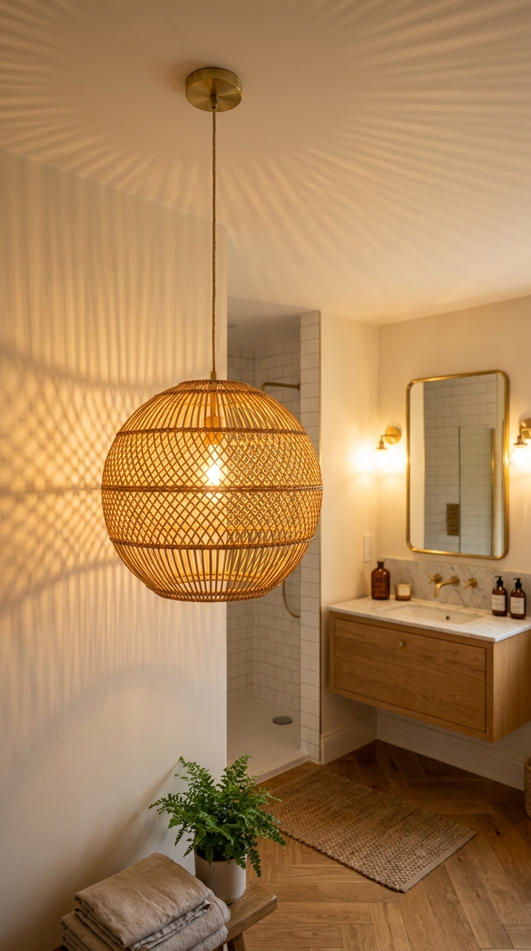 Shower with warm downlight and lit niche — steam diffusing amber light, water catching golden sparkles