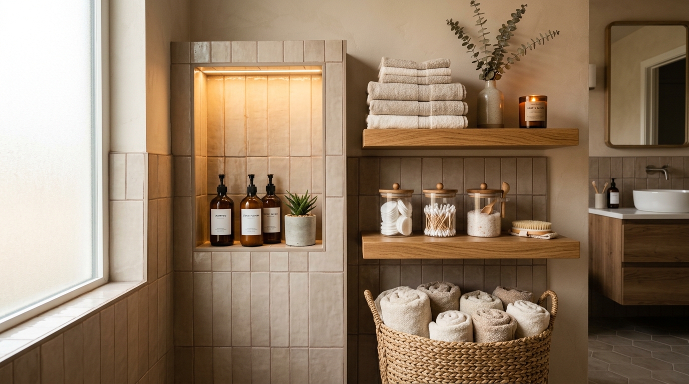 Beautiful bathroom with LED-lit wall shelves, styled products, plants, and brass fixtures