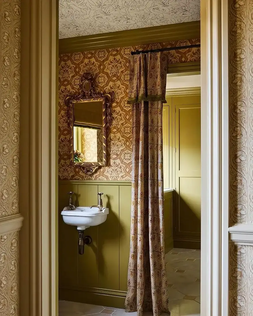 Wooden bathroom vanity with soft lighting and calm tile surround