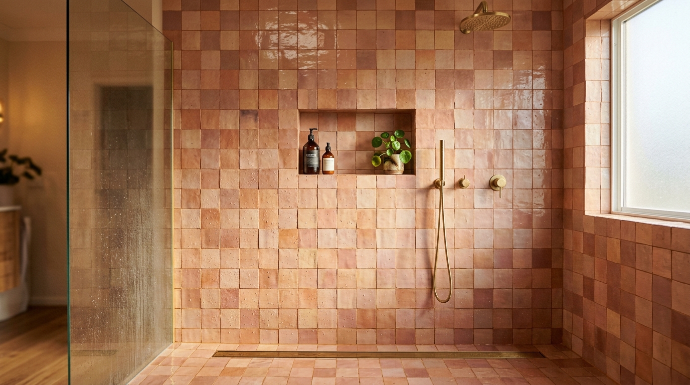 Handmade zellige tiles in warm terracotta with brushed brass shower fixtures
