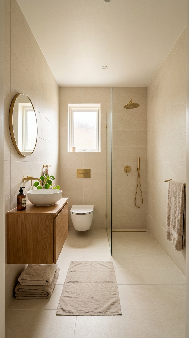 Dark bathroom with glossy warm ivory wall tiles — reflecting sconce light across the room