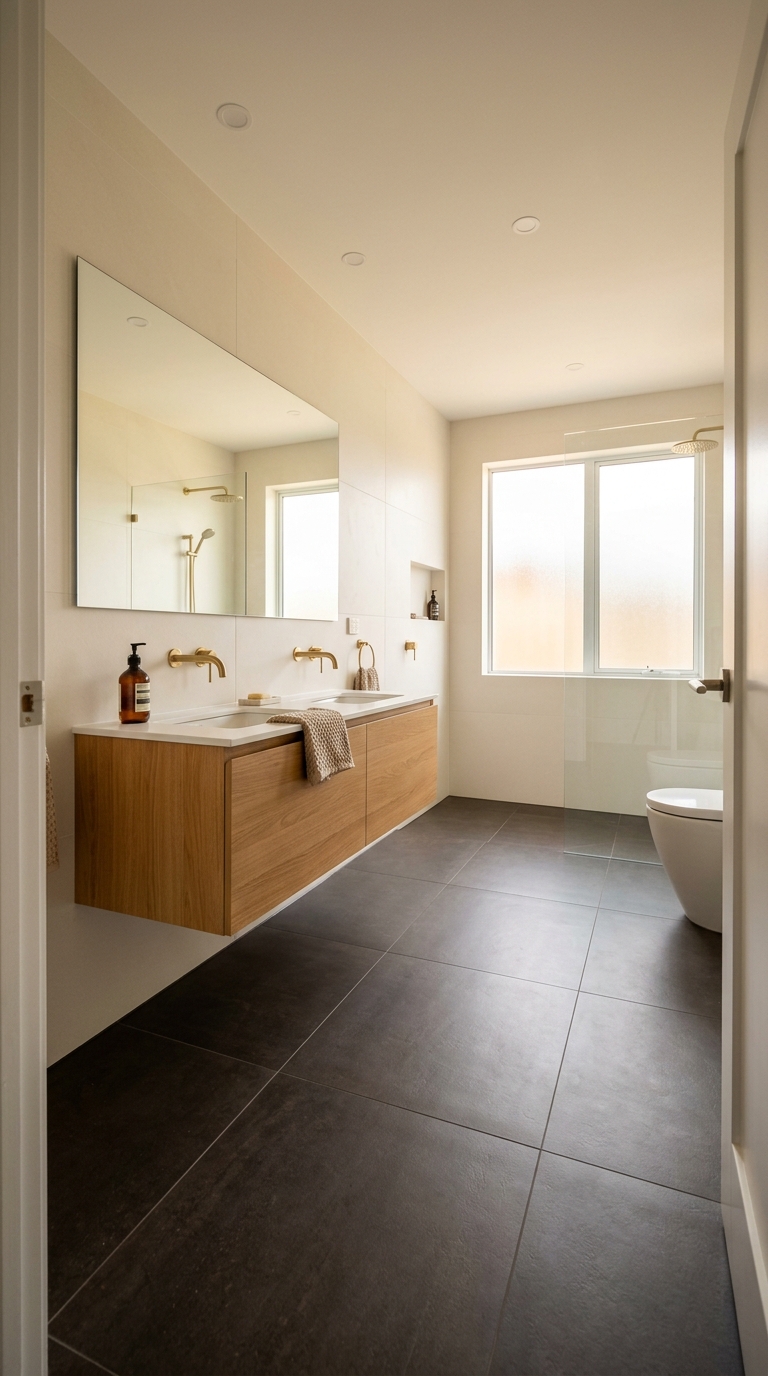 Dark warm charcoal floor with light ivory walls — natural grounding principle in action