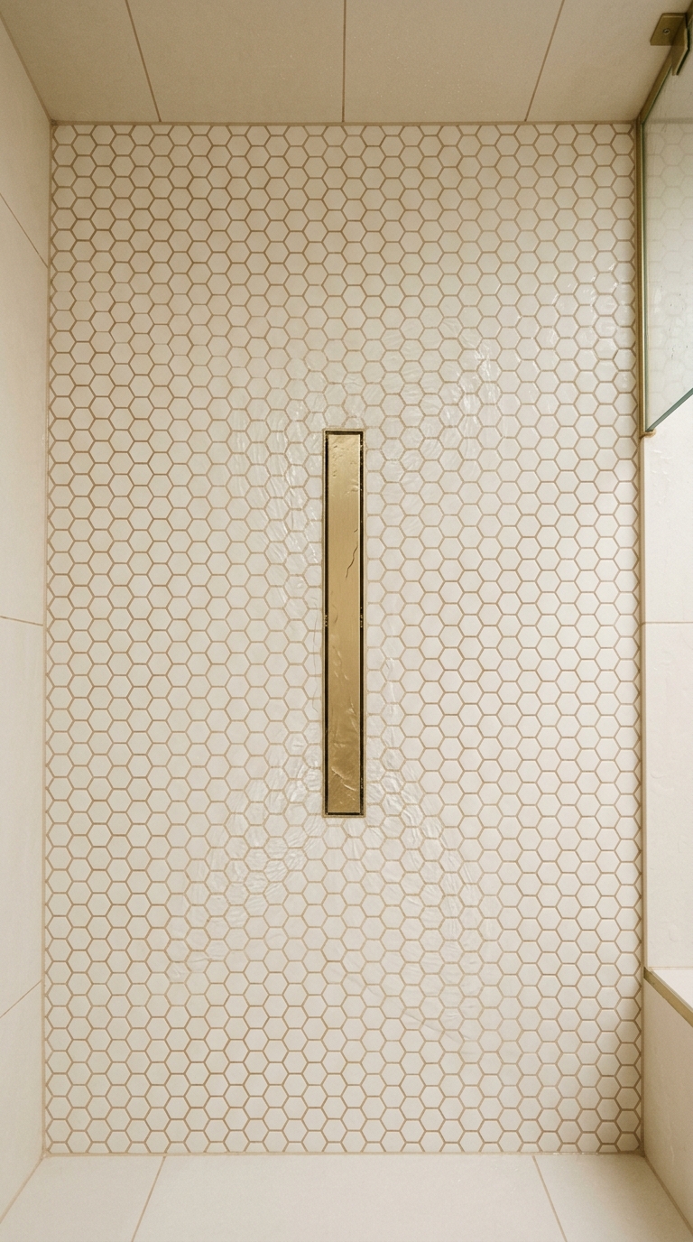 Hexagonal mosaics on shower floor — honeycomb grip pattern in warm white with grey grout