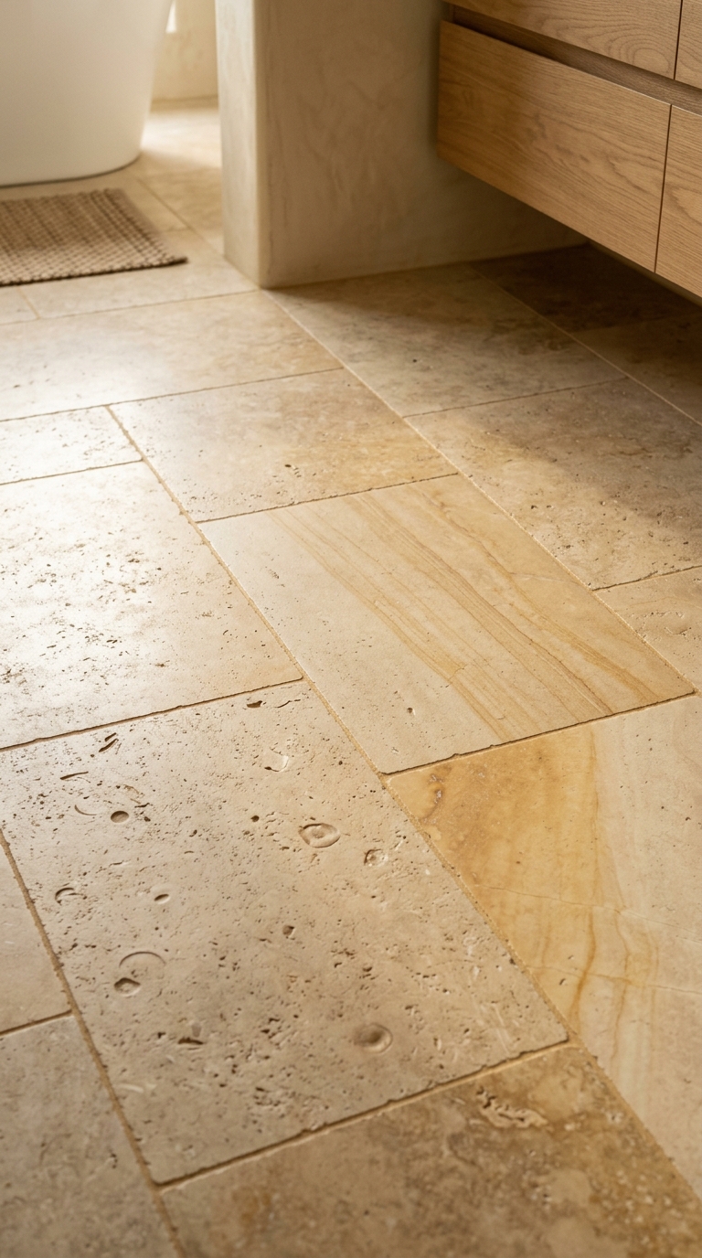 Limestone-look porcelain floor tiles in warm ivory — natural variation reading as genuine stone