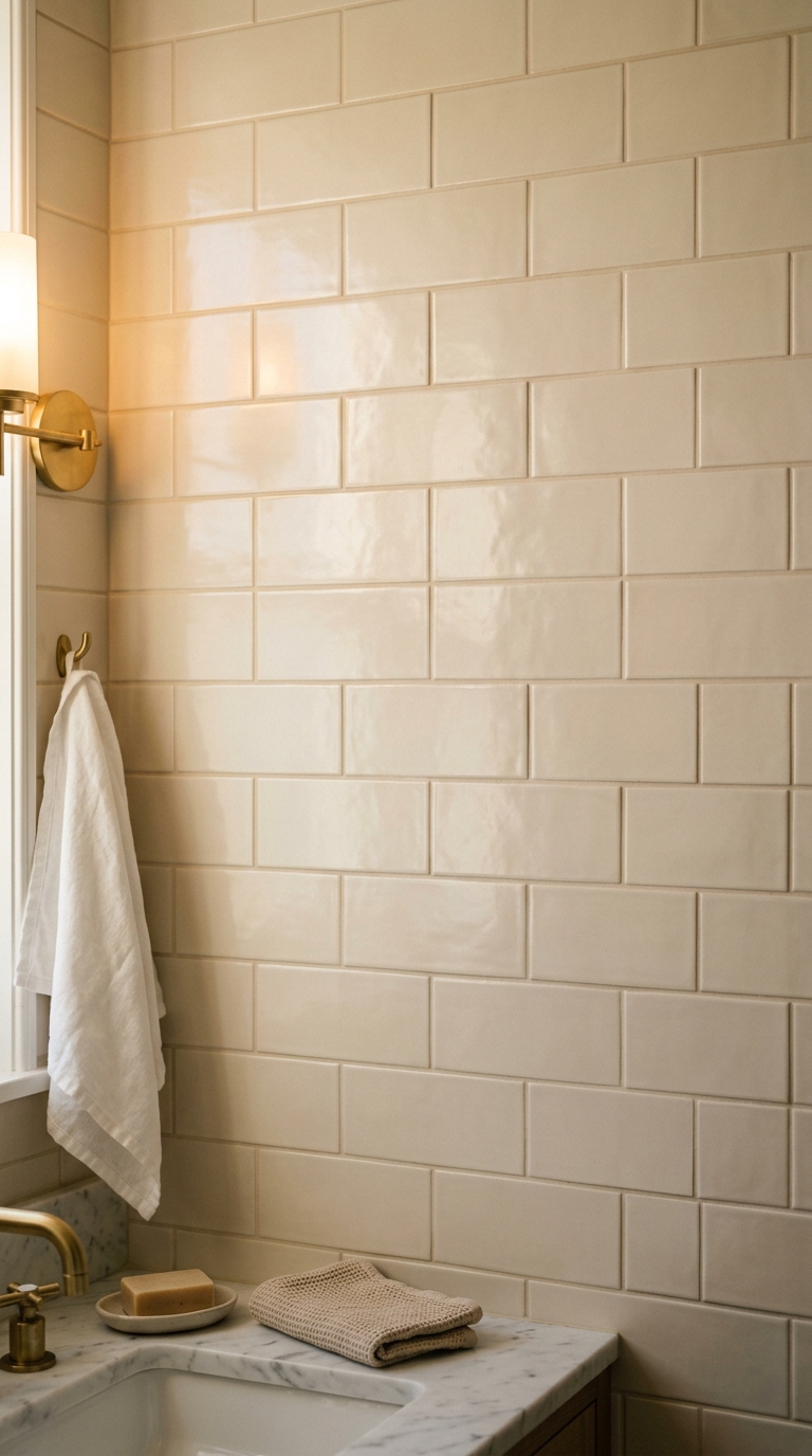 Running bond pattern — warm subway tiles offset by half, orderly without rigidity