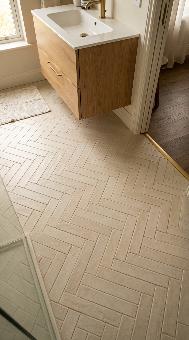 Small bathroom — light large-format tiles on floor and walls, diagonal layout expanding space