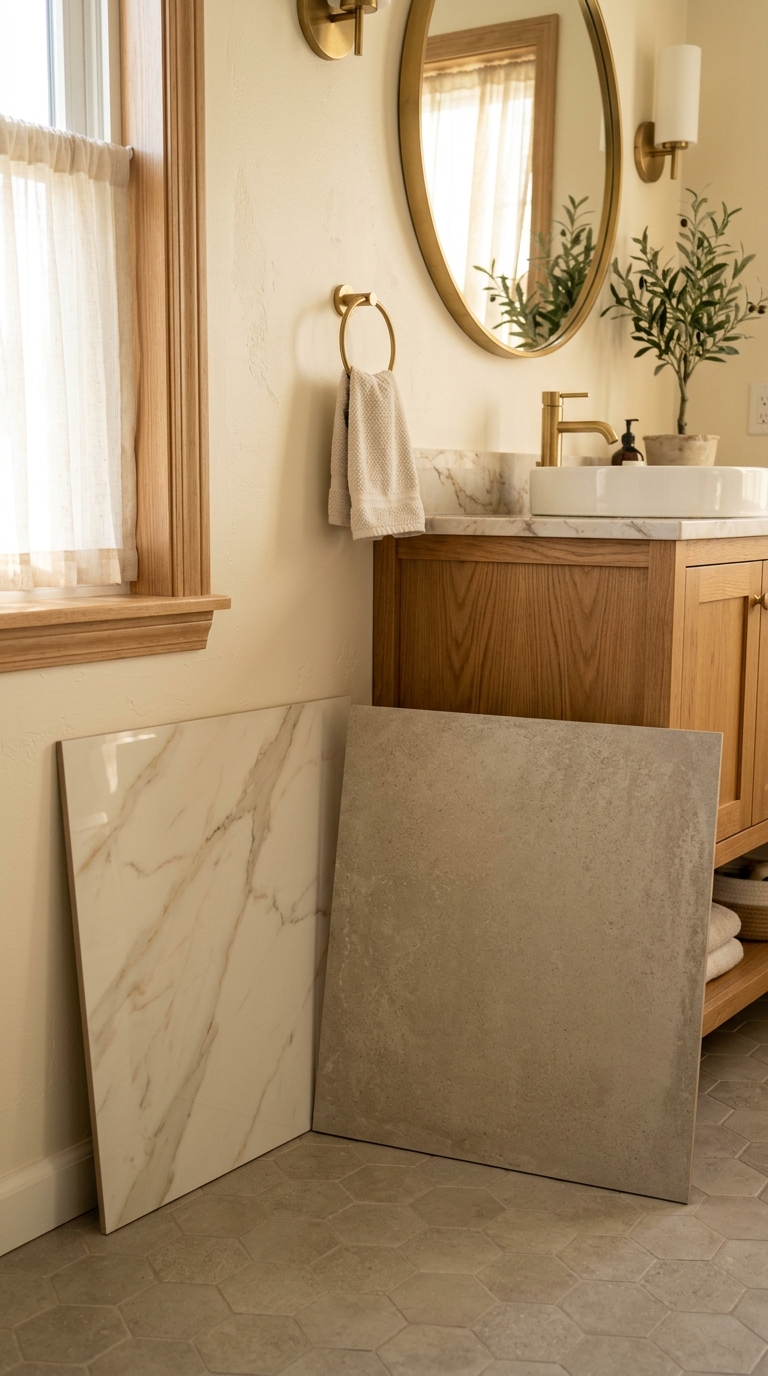 Stone-look porcelain with genuine variation — warm veining across non-repeating faces