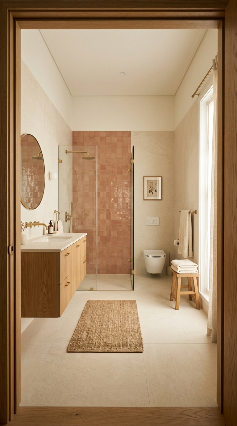 Tile continuity — same warm porcelain flowing from floor up the wall, seamless envelope