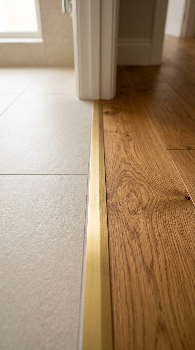 Oak threshold strip connecting bathroom tile to hallway flooring — deliberate transition detail