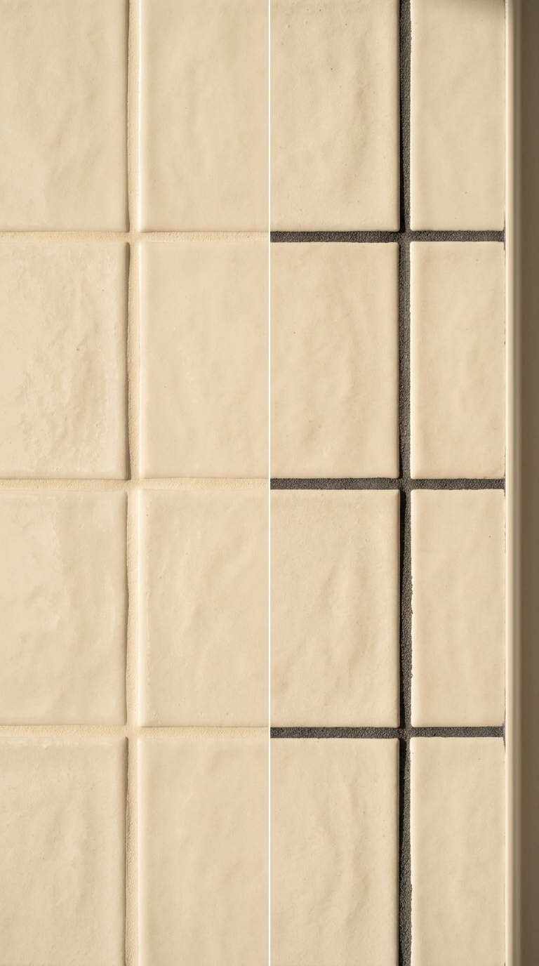 Warm grout matching tile colour — seamless surface where grout disappears into the tile