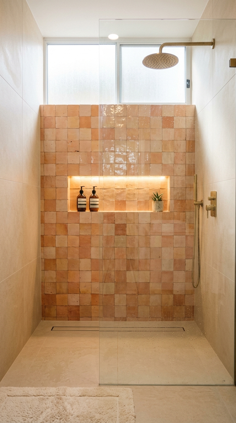 Zellige tiles shimmering on a bathroom wall with warm light catching every hand-pressed irregularity