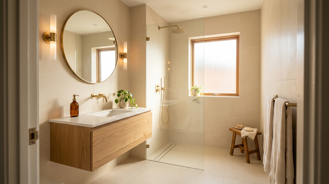 Small Scandinavian bathroom with floating oak vanity, brass sconces, and frameless glass shower