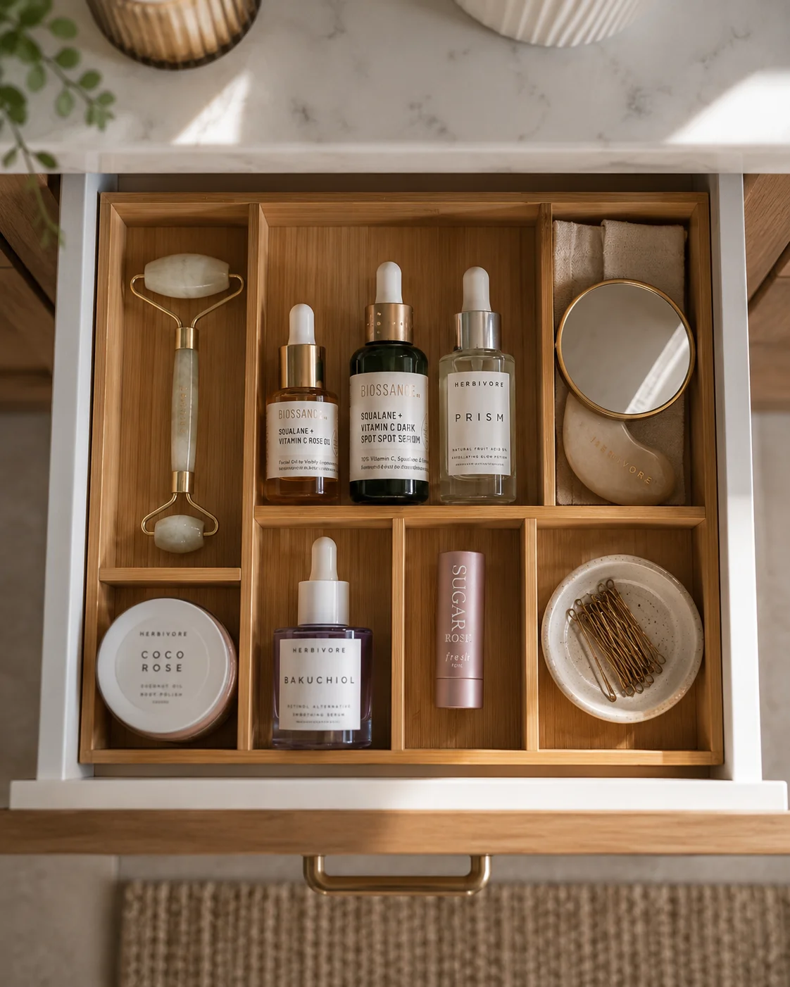 Overhead view looking directly down into a bathroom vanity drawer with natural bamboo dividers creating neat sections, each holding organized skincare items: face roller, serums, lip balm, small mirror, and bobby pins in a ceramic dish