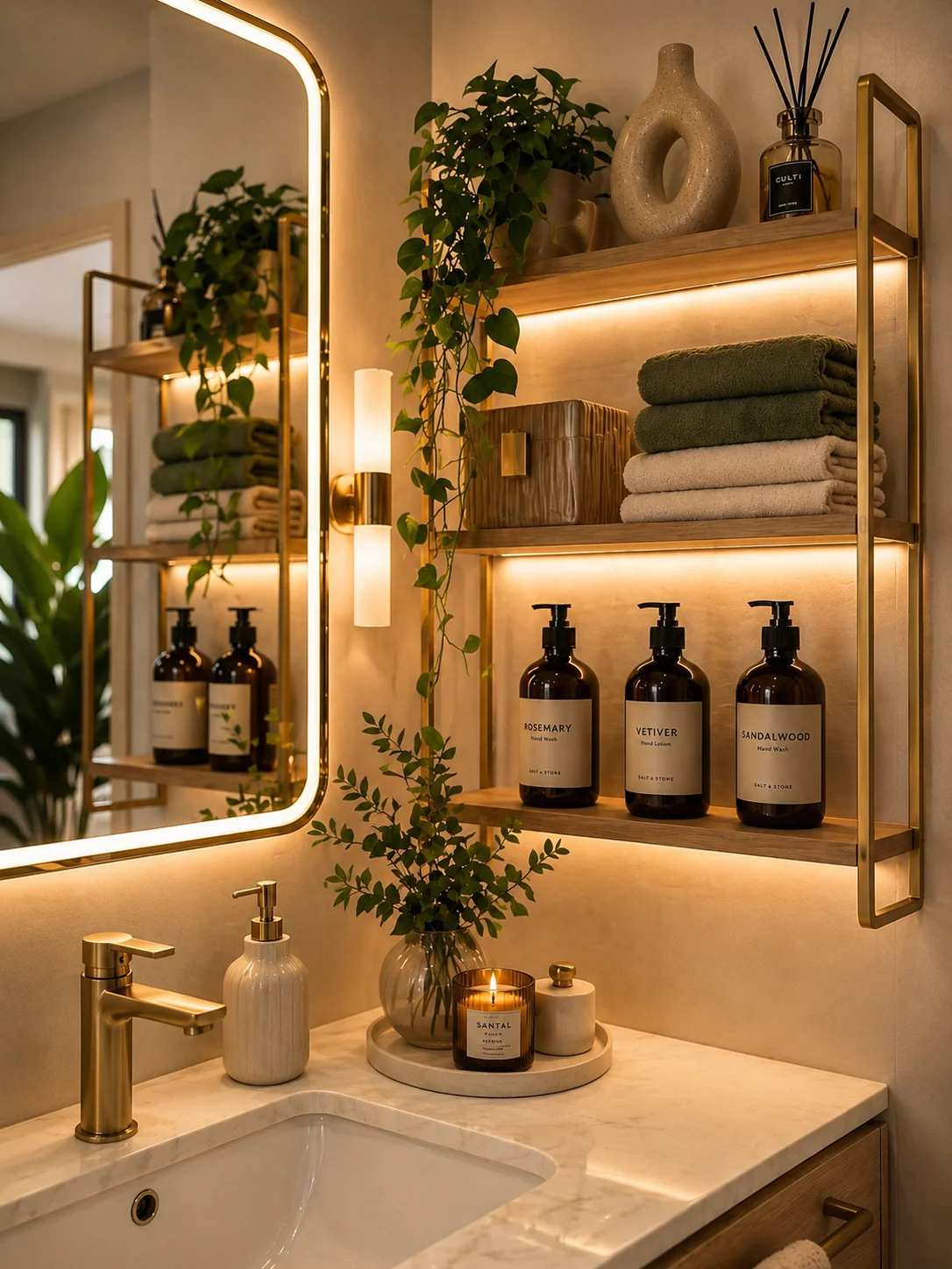 Beautiful bathroom with LED-lit wall shelves, styled products, plants, and brass fixtures