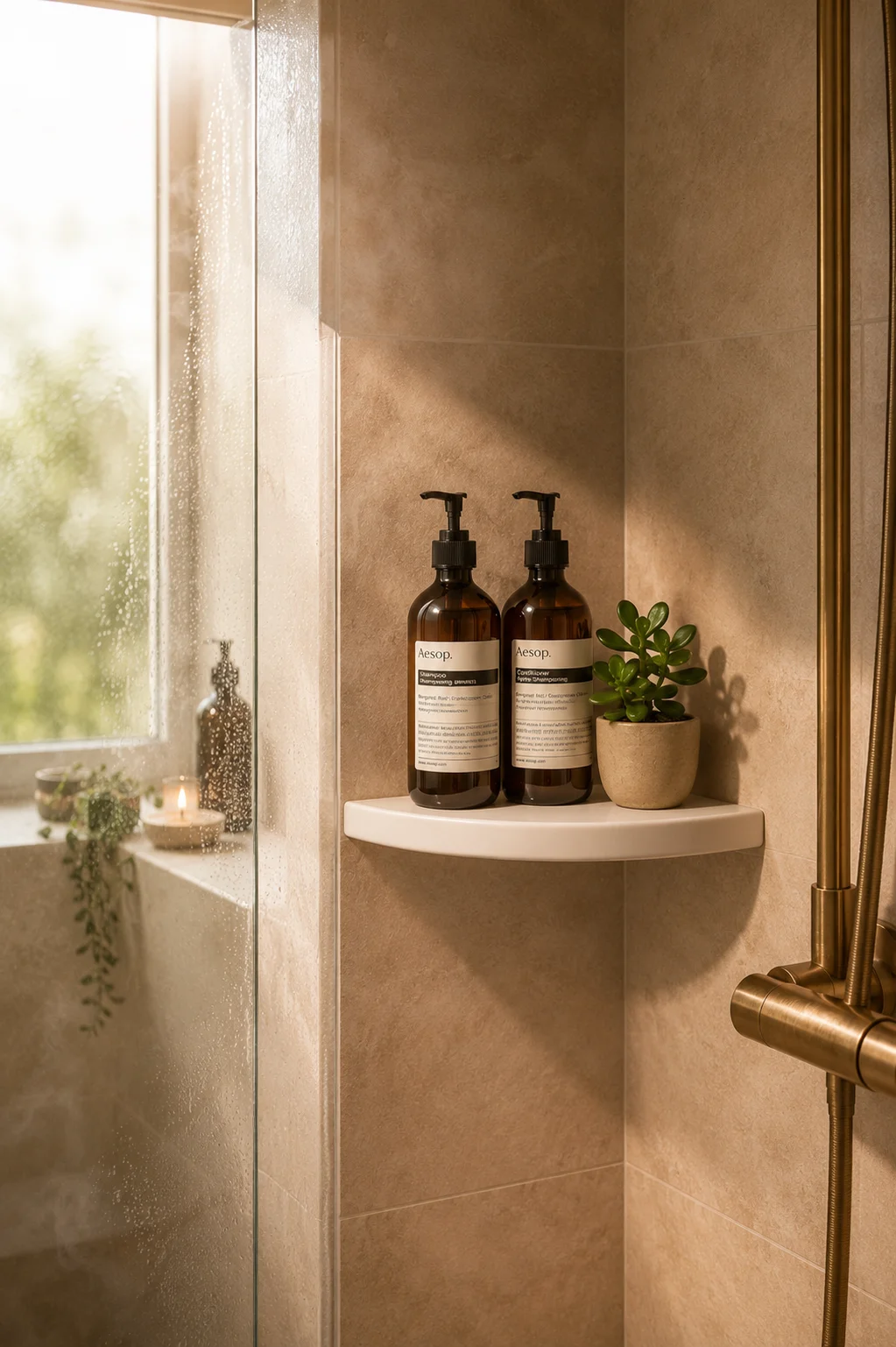 A white ceramic corner shelf in a shower holding two amber Aesop bottles and a small plant, warm beige tiles surrounding, soft natural light through a frosted window