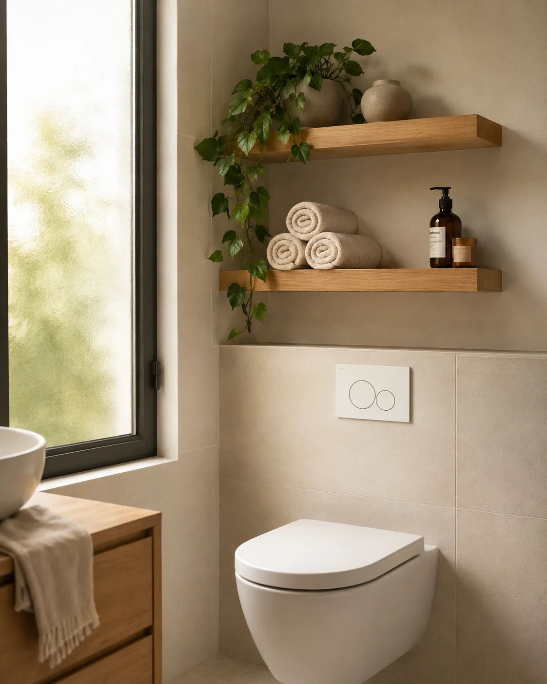 Floating natural oak shelves above a wall-mounted toilet, styled with a trailing plant, rolled cream towels, and a soap dispenser in a warm neutral bathroom
