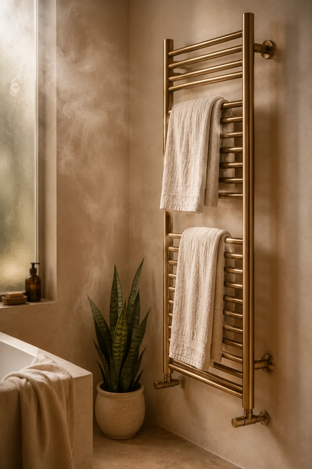 A slim vertical brushed brass heated towel rail mounted on a warm plaster bathroom wall, two cream linen towels draped over the rails, soft steam rising, a snake plant in a ceramic pot beside it