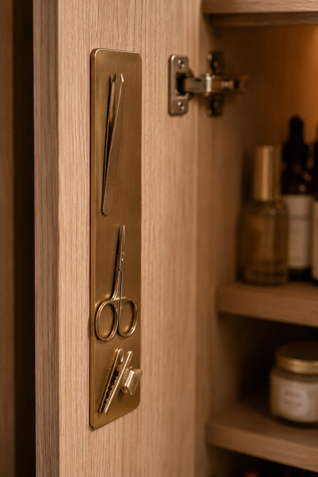 A slim brass magnetic strip mounted vertically on the inside of a bathroom cabinet door, holding tweezers and small scissors, warm wood cabinet interior visible, organized beauty tools
