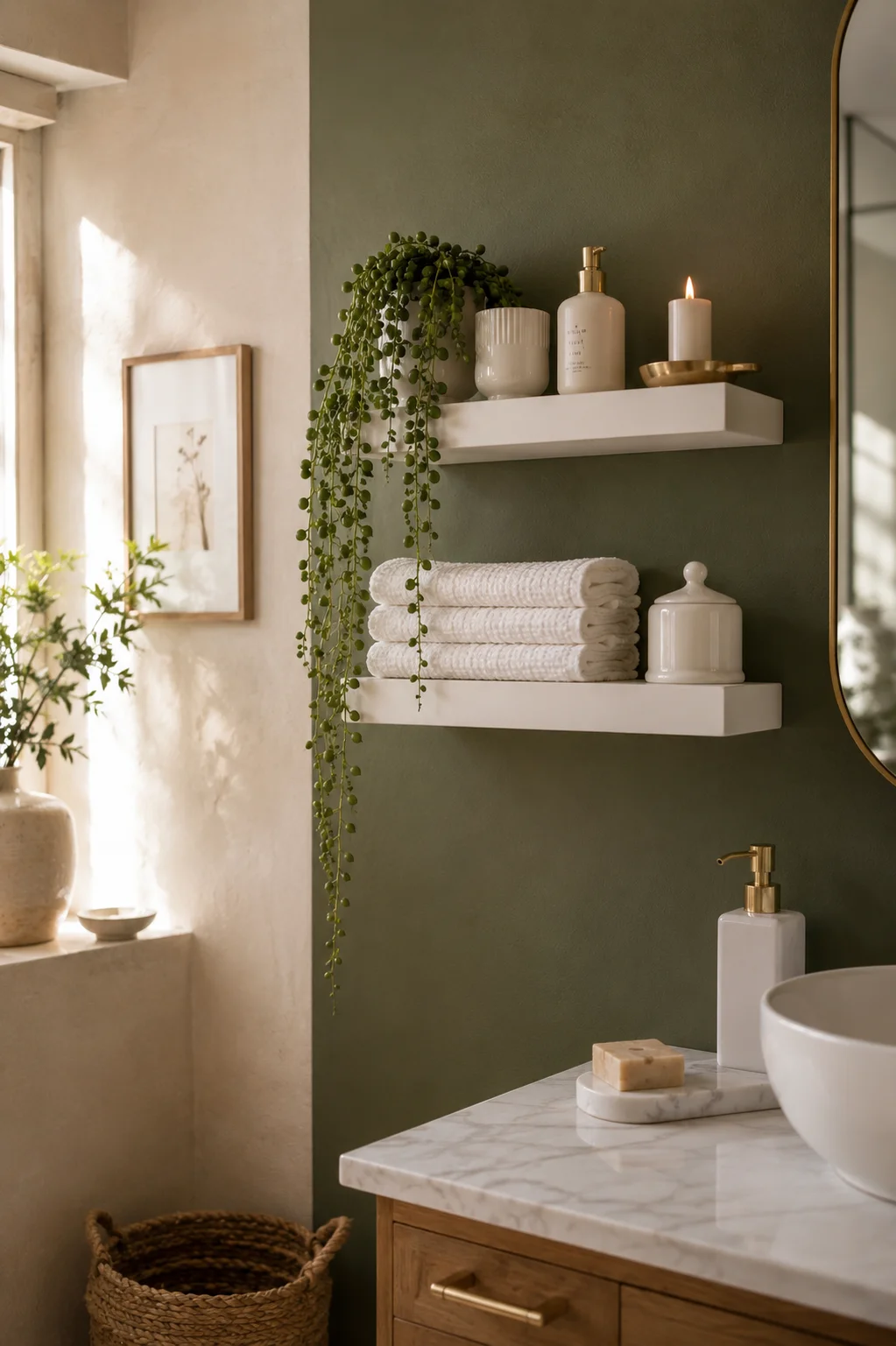 Two white floating shelves mounted on a deep sage green bathroom wall, styled with white ceramic containers, a trailing plant, stacked white towels, and a brass candle holder